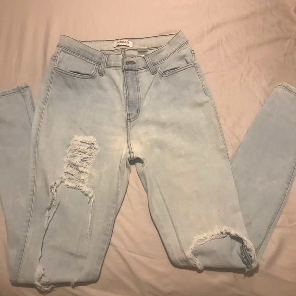 Distressed blue denim